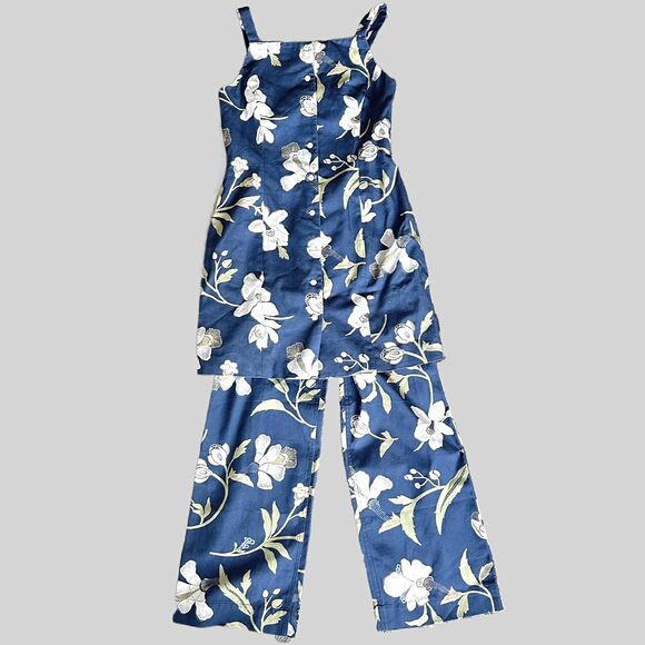 Coco Shop High-Waisted, Wide-Leg Pants in Navy Hibiscus 100% Cotton Size XS - Picture 12 of 13